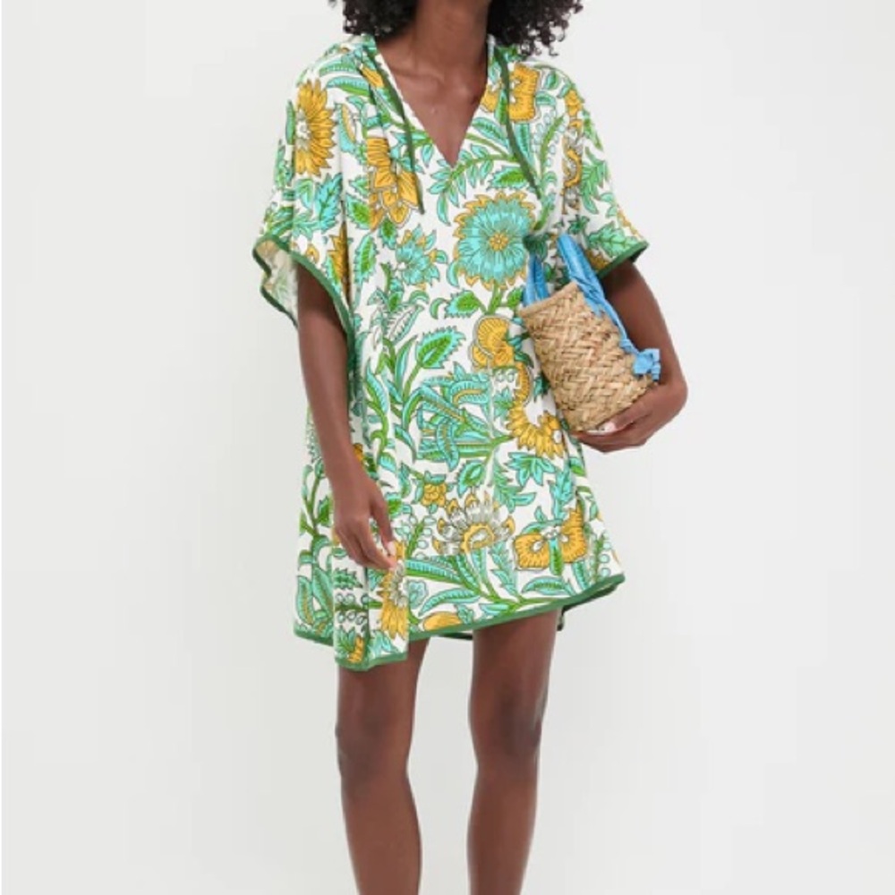 Tuckernuck Green White Yellow Floral V‑Neck Swim Coverup